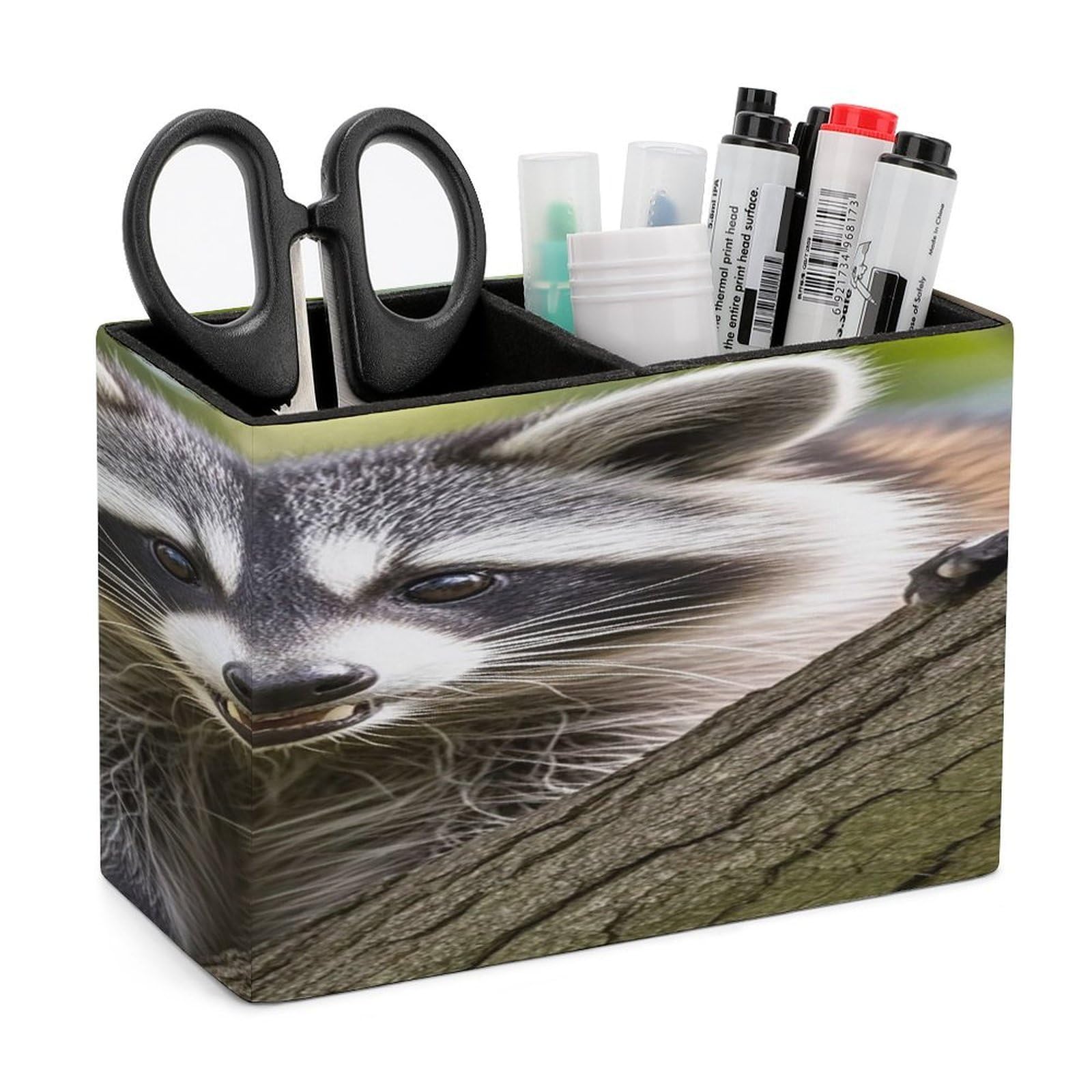 FekiLoot Raccoon Pen Holders for Desk Small Remote Control Holder Leather Pencil Cup with Double Compartments Desktop Organizer for Table Desk Office Space Saving