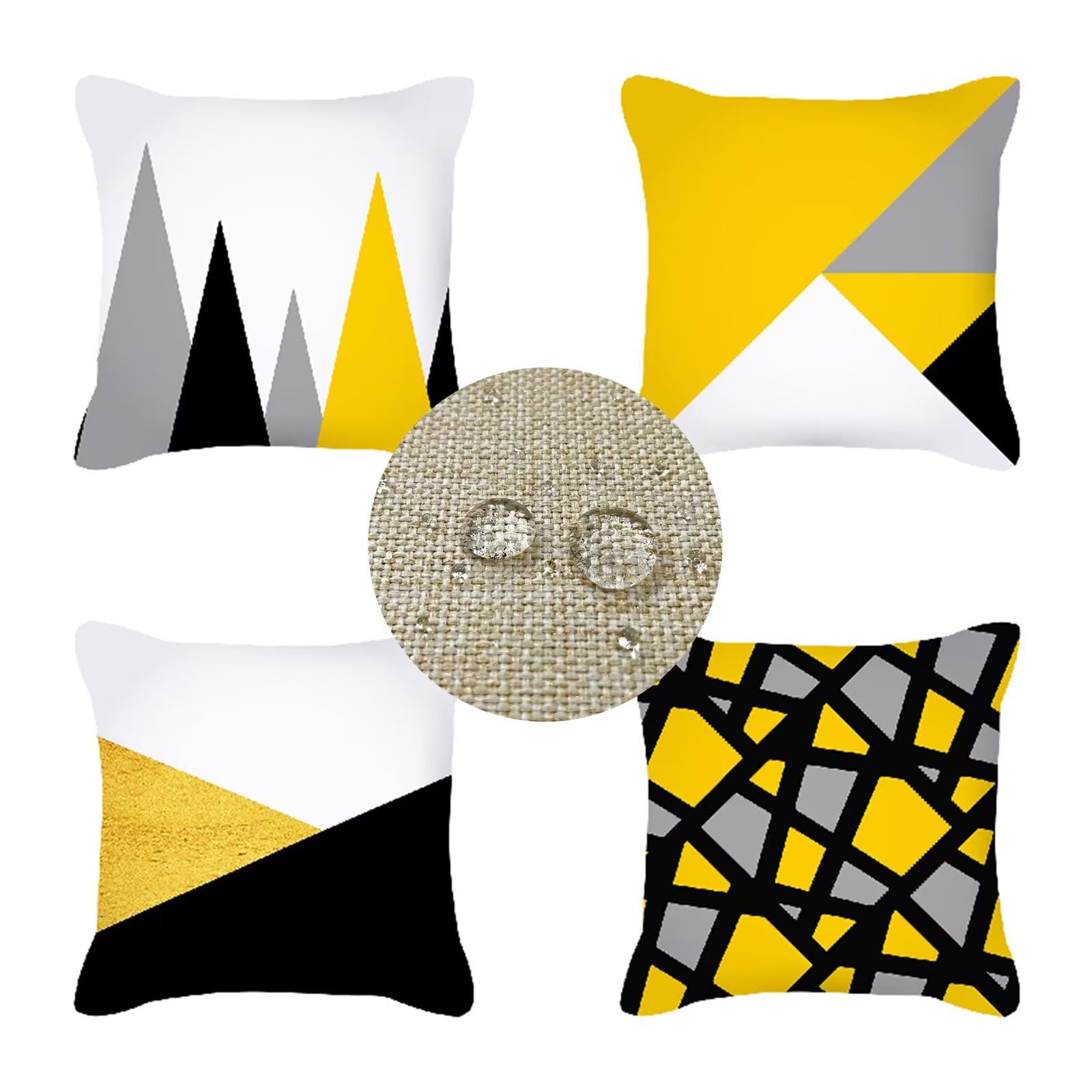 Fundas de Cojines 80x80cm Juego de 4 Geometría Doble Cara Lino Funda Cojin Amarillo Impermeable Cojines Terraza Exterior con Cremallera Oculta Funda de Almohada para Decorativos Hogar Cama S-9051