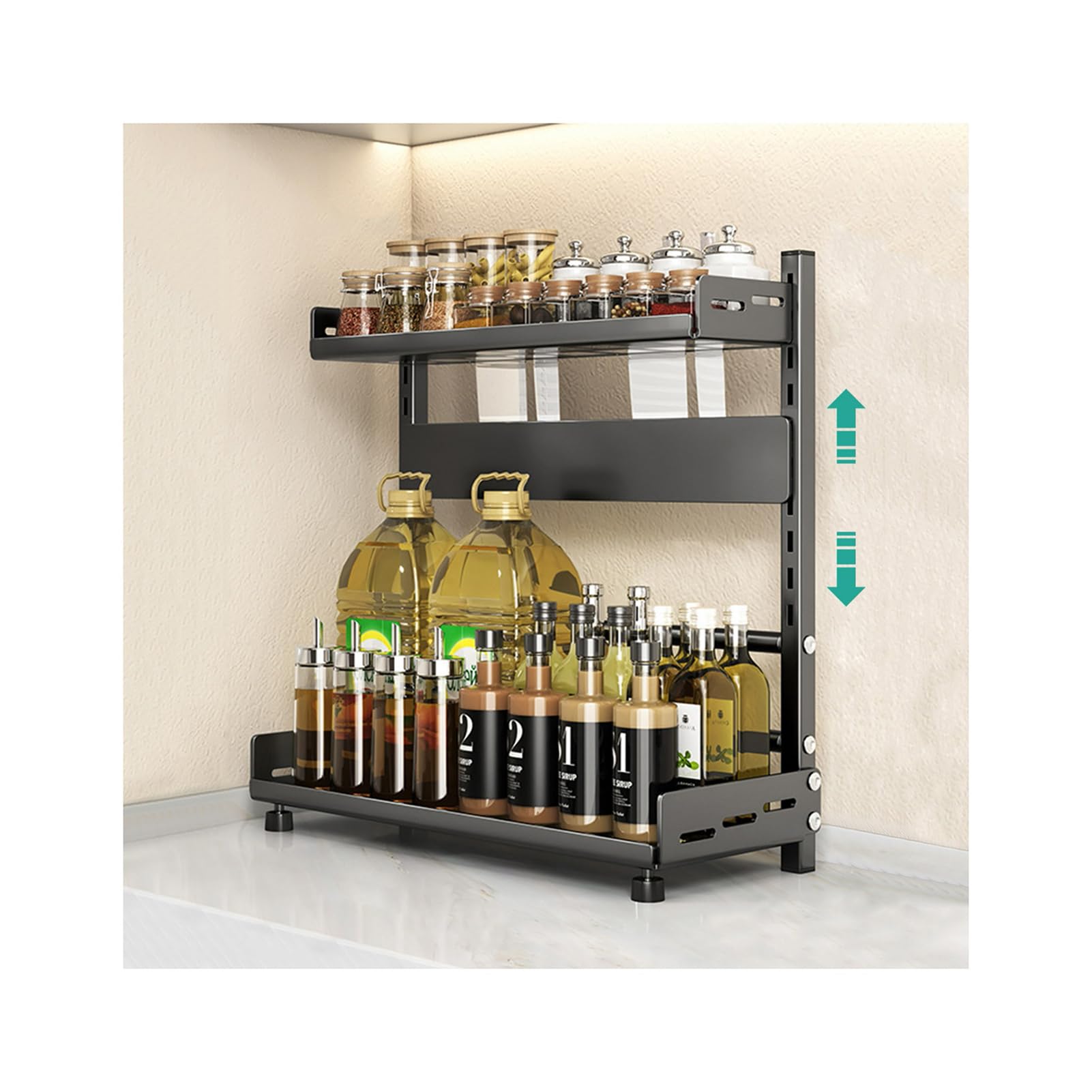 HADECOLL 3-Tier Adjustable Spice Rack, Height-Adjustable Metal Kitchen Organizer With Knife Slot, Rustproof Storage For Countertop And Cabinet,Black-2 Tier-40cm