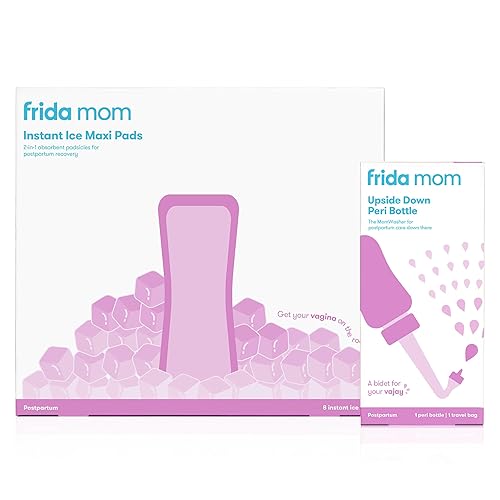 Frida Mom Upside Down Peri Bottle + 2 en 1 Posparto Absorbente Perineal Ice Maxi Pads para cuidado posparto, recuperación perineal y limpieza