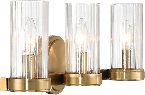 Miniatura 3 de Robert Stevenson Lighting Izzy - Lámpara de tocador de 3 luces de metal y vidrio transparente acanalado, oro cepillado