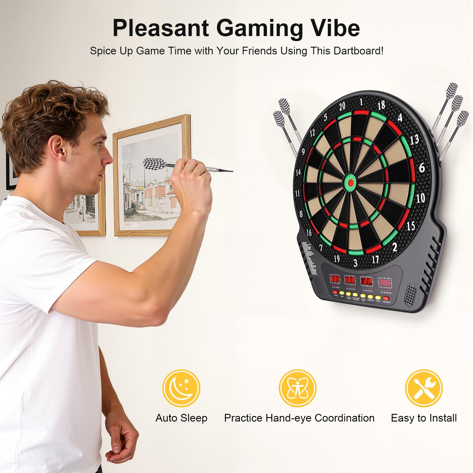 Jeu de Flechette Electronique avec 6 Flechettes, 24 Tetes, 4 Ecrans LED, 27 Modes, 243 Variantes, 16 Joueurs, Auto Score Voix