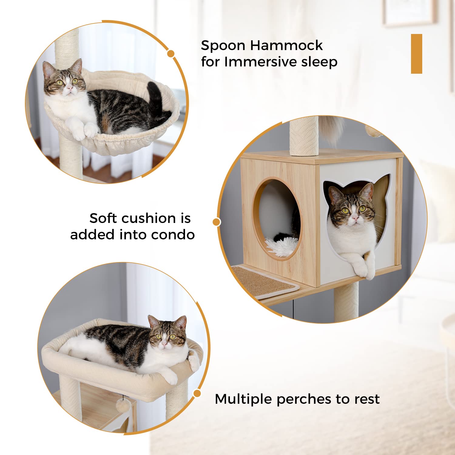 PAWZ Road Nowoczesna drewniana wieża dla kota z szafką do przechowywania, kuweta dla kota i przestronna chatka dla kotów, duży górny drążek do siedzenia i hamak, beżowy