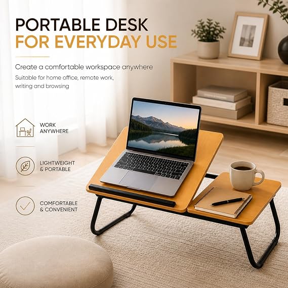 Laptop Bed Table with Foldable Legs & Cup Holder - Adjustable Folding Laptop Desk for Bed, Sofa, Floor or Office - Portable Lap Desk Tray with Book & Notebook Stand (Brown)