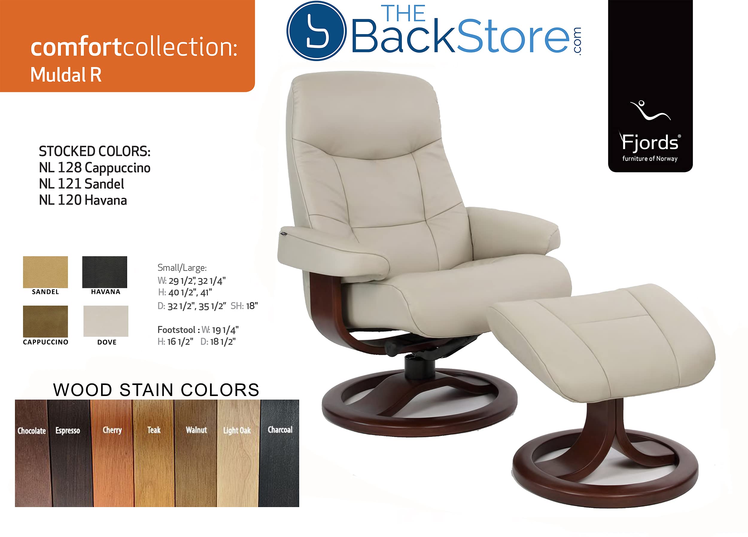 Fjords Muldal Small Leather Ergonomic Recliner Chair with Ottoman in