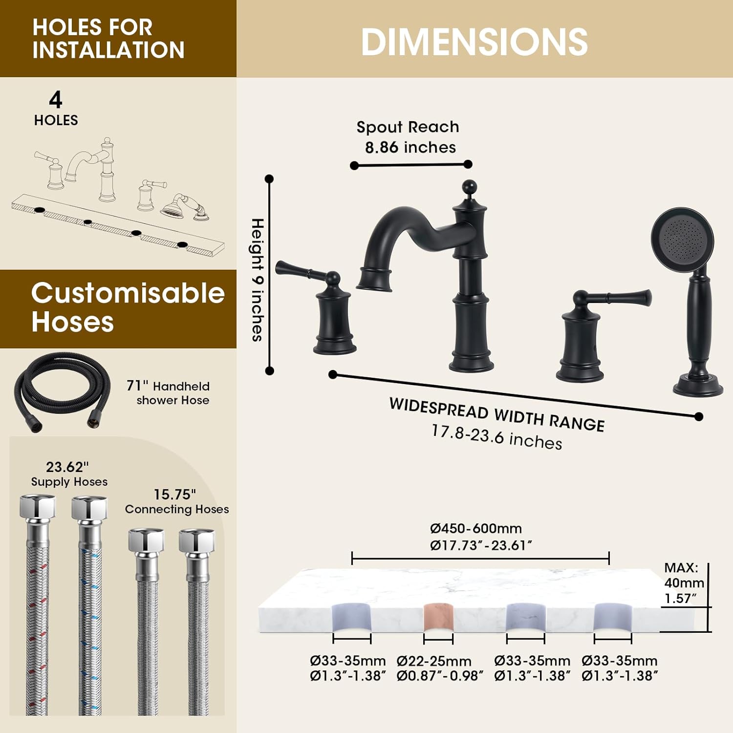 Roman Tub Faucet Set with Hand Shower - High Flow Brass 18-24 Inch Widespread 4-Hole Deck Mount Bathtub Faucet, 360-Degree Swivel Spout, Rough-In Valve, 2 Handles & Supply Lines, Matte Black