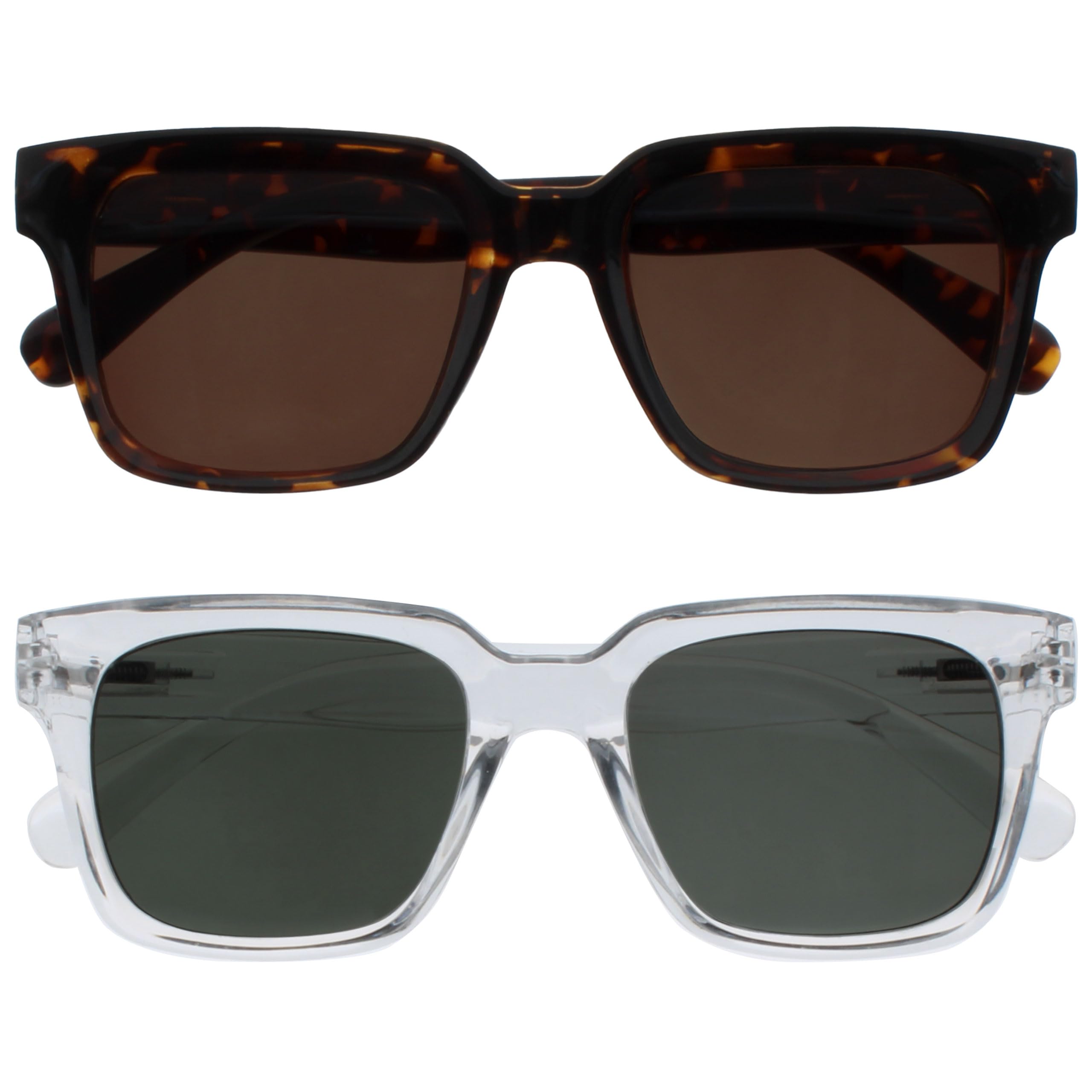 OPULIZE ERA Sunglasses for Women & Men- Brown/Green Lens-Anti-Glare- Polarised Lenses With UV400 Protection- Oversized Rectangular Frame- Spring Hinges- Brown/Clear(Pack 2 of with 2 Pouches)