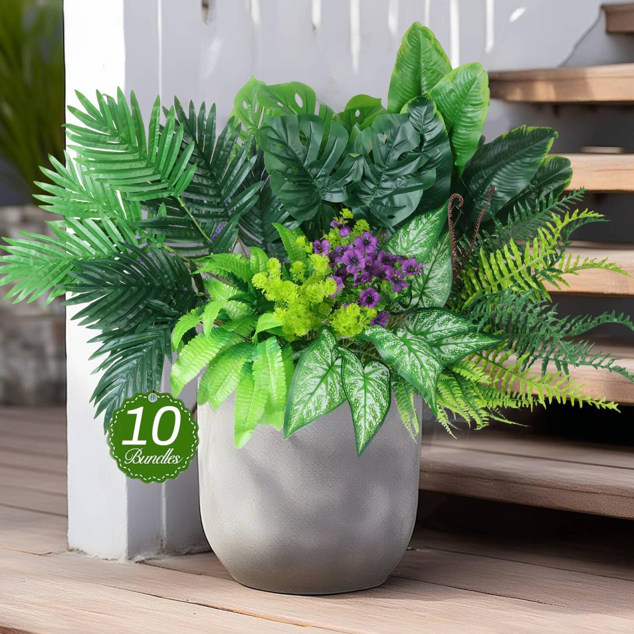 Artificial Plants Outdoor Fake Flowers,10Bundles Faux Greenery Ferns UV Resistant,Tall Fake Monstera Palm Boston Fern Bird of Paradise Mixed,Fake Shrubs Bushes Plants for Window Box Fillers, Planter