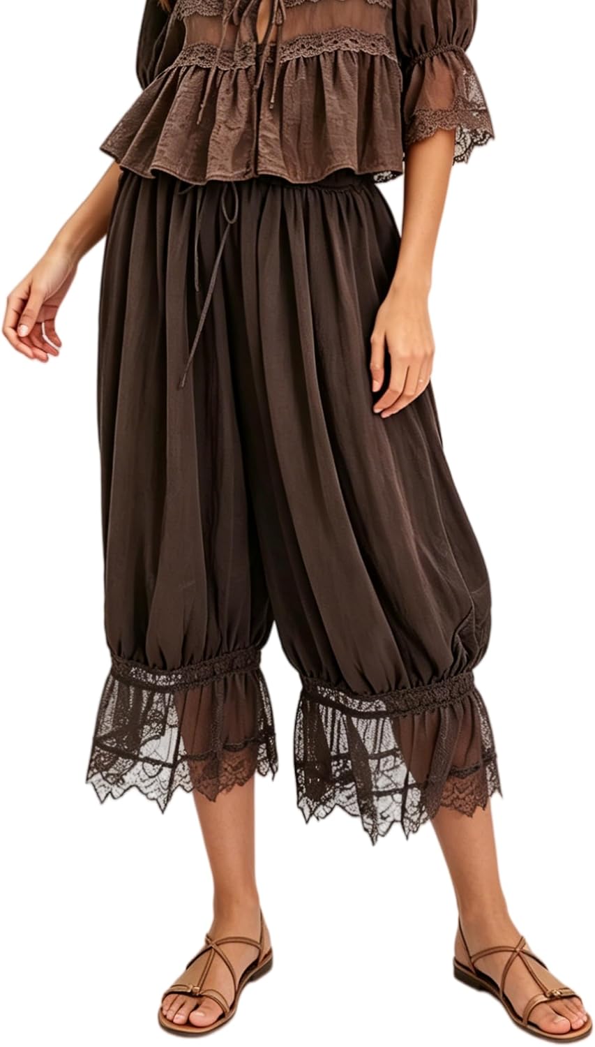 UAURORAO Women Lace Trim Long Bloomers Elastic Mid Rise Ruffle Pantaloons Cropped Flared Slips Pants Pajama Bottoms