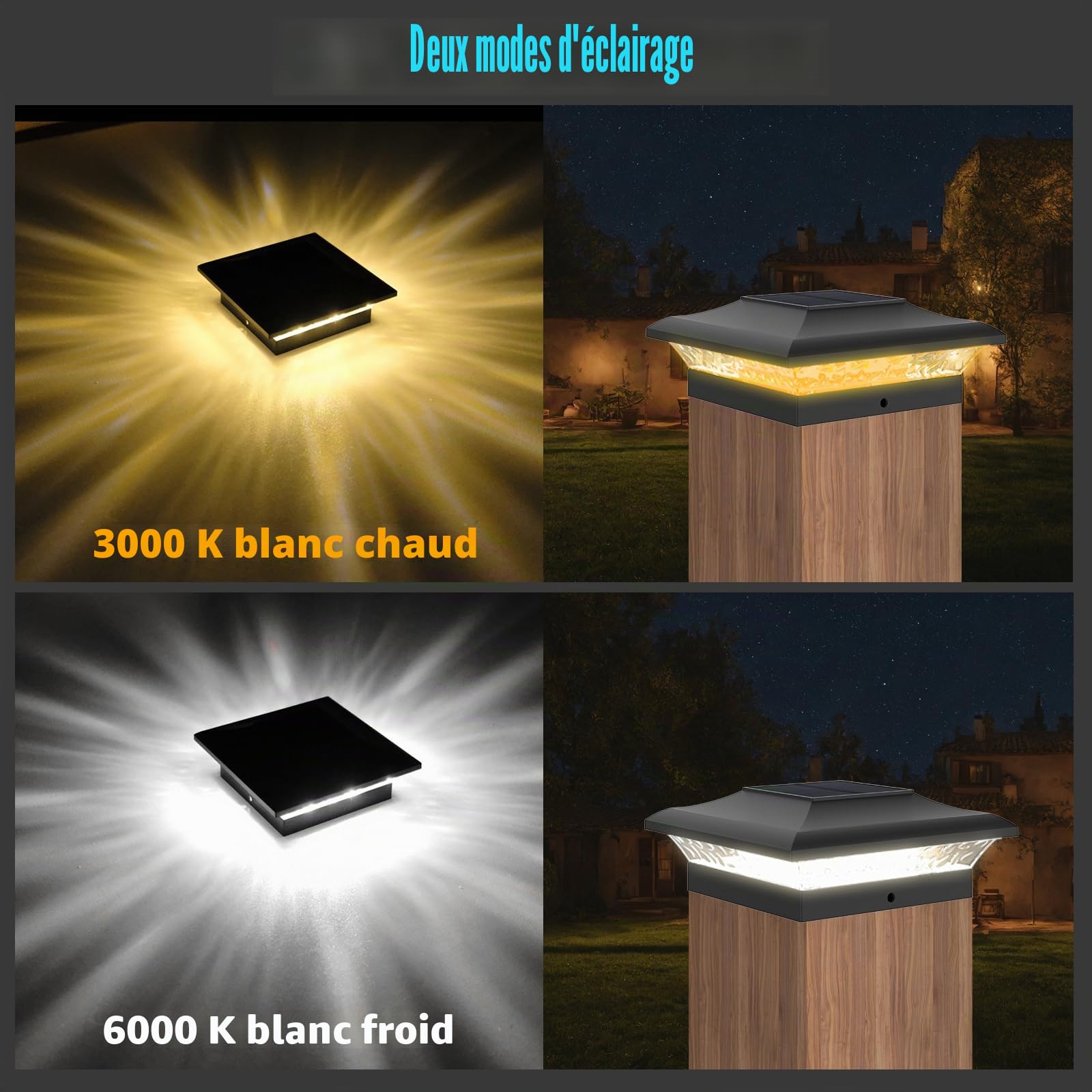 Lot de 6 lampes solaires pour poteau - 2 modes - Capuchons de poteaux solaires d'extérieur - Capuchons de poteaux solaires étanches - Pour poteaux en bois de 9 x 9,10 x 10 cm - Pour jardin