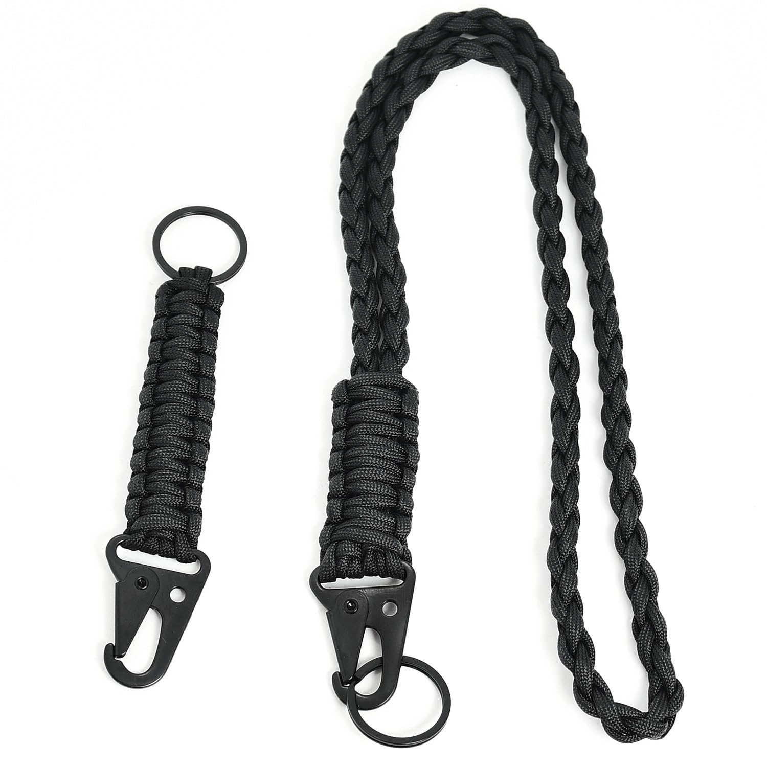 Surf turtle Heavy Duty Braided Paracord Lanyard Keychain 2 Pack Black Neck Strap with Metal Clips Key Rings for ID Badge Holder Camera Keys Survival
