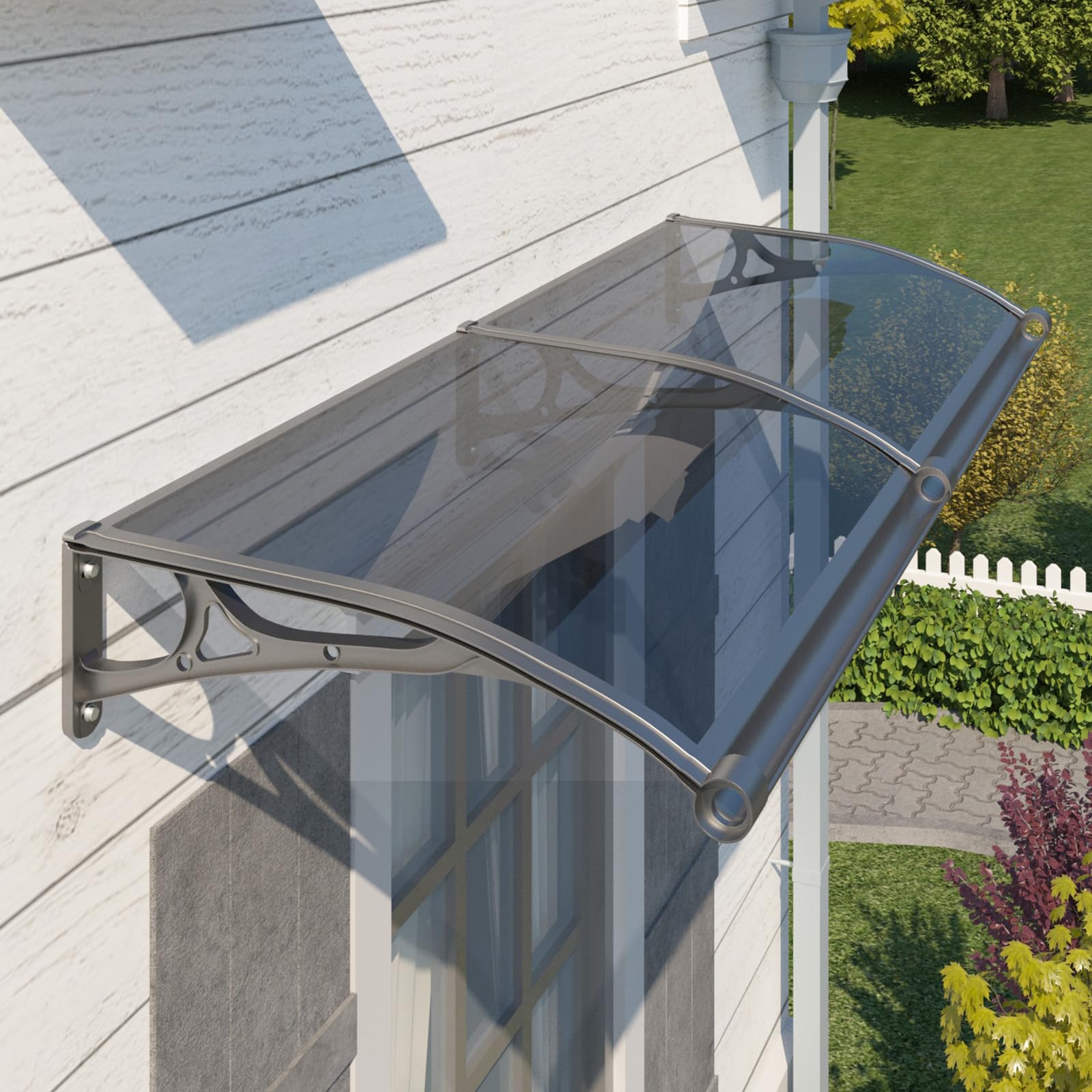 Photo 1 of Door Awning Window Canopy with Drainage, 60x60 Inch Solid Polycarbonate Awnings for Outside, Porch, Patio, Deck, Sun Shade UV,Rain,and Snow Protection, Aluminum Alloy Bracket