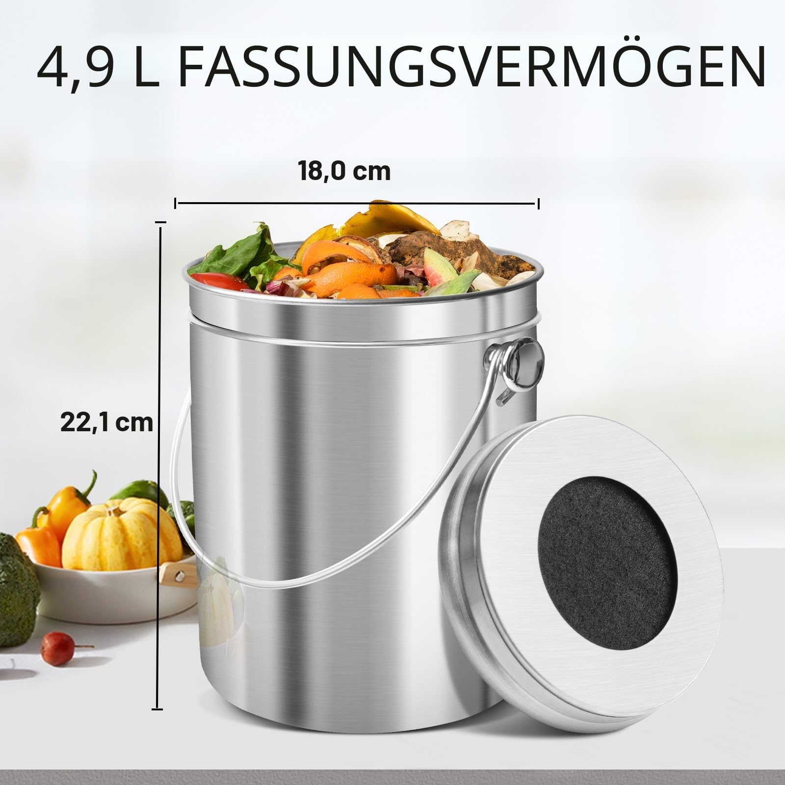 ENLOY Komposteimer für die Küchenarbeitsplatte, 1,3 Gallonen Edelstahl-Kompostbehälter für den Innenbereich mit Deckel und Kohlefilter, Komposteimer für die Küche mit Tragegriff