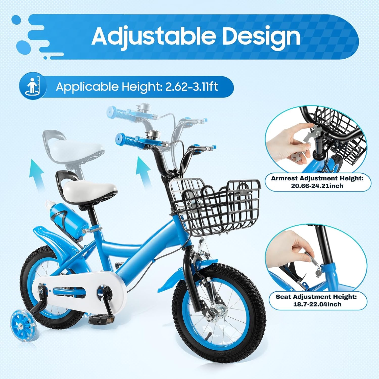 Bicicleta infantil de 12 pulgadas azul con ruedas estabilizadoras, altura ajustable para niños de 2 a 5 años con cesta, soporte de agua y freno doble para niños y niñas