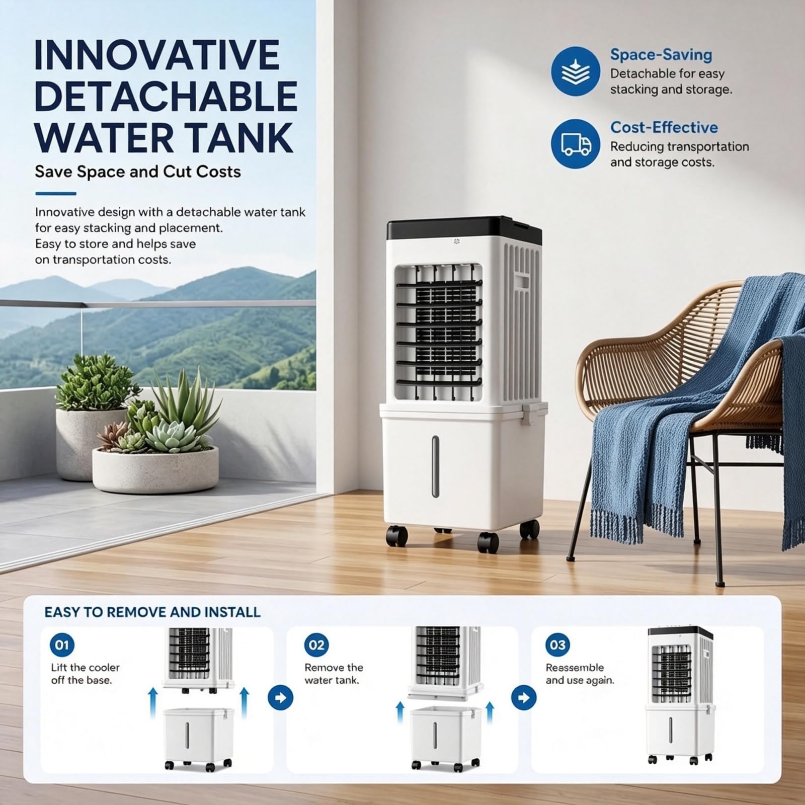 Condizionatore d'aria portatile, 4 in 1, con serbatoio dell'acqua da 15 litri, 3 velocità, timer 7,5 ore, telecomando, display a LED, ventola di raffreddamento per casa, ufficio, meccanico