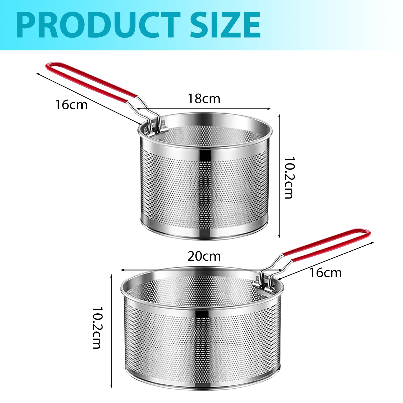 2 Pcs Cestini per Alimenti in Acciaio Inox con Manico Cestello per Friggitrice in Metallo Cesto Scolapasta da Cucina Cestini Divisori Pasta per Lavare Drenare Friggere Vapore(18cm, 20 cm)