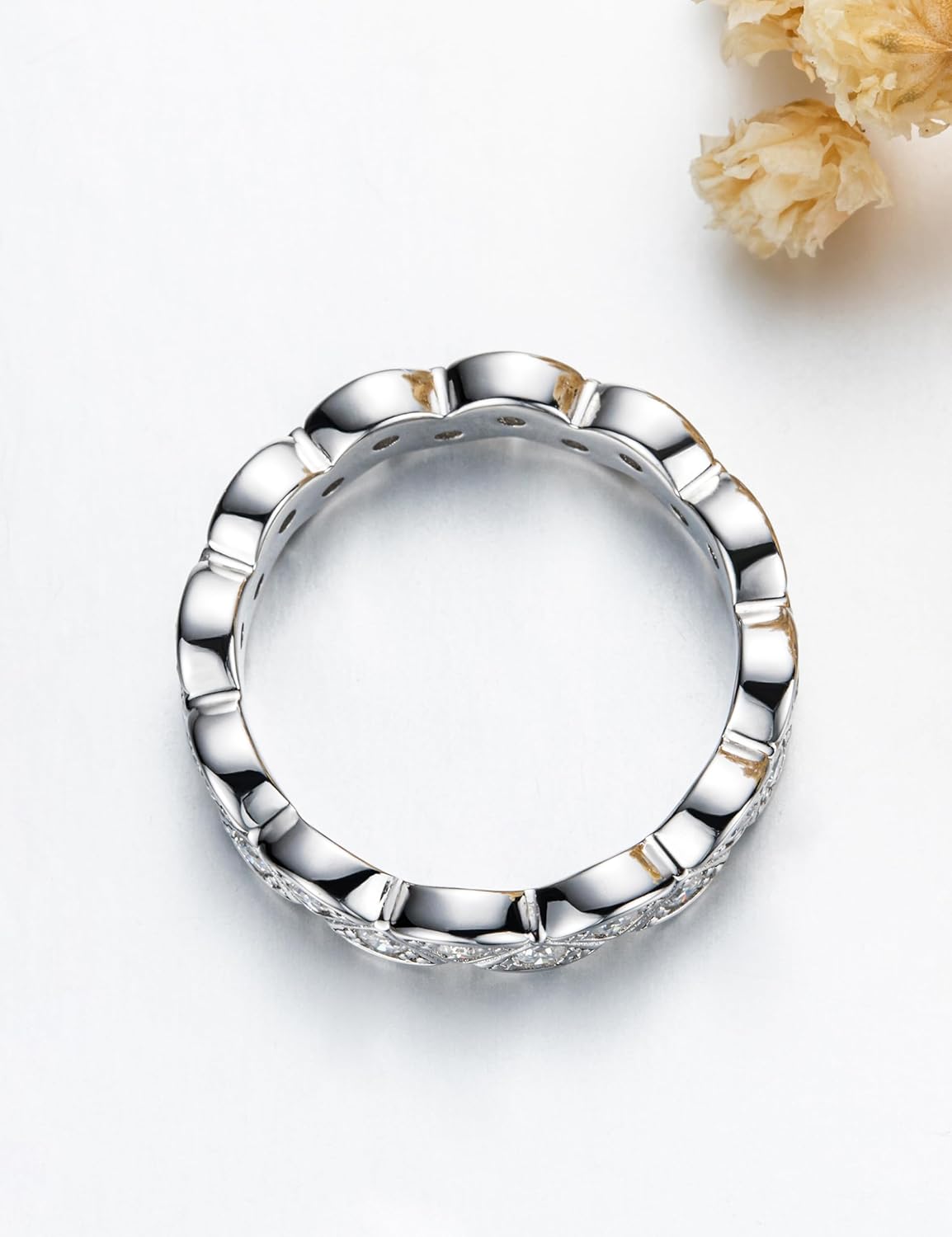 CannyCat Infinity 2.0 mm Moissanite Bezel Eternity Ring Wedding Band for Women VVS D-color Moissanite Anniversary Engagement Twisting Channel Eternity Bands Platinum-Plated Silver Stacking Rings