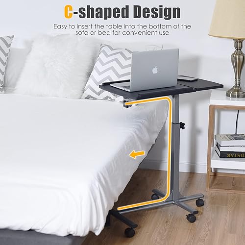 Miniatura 3 de Tangkula Escritorio para laptop sobre la cama, soporte para portátil móvil con mesa inclinable, mesita de noche ajustable de altura rodante con