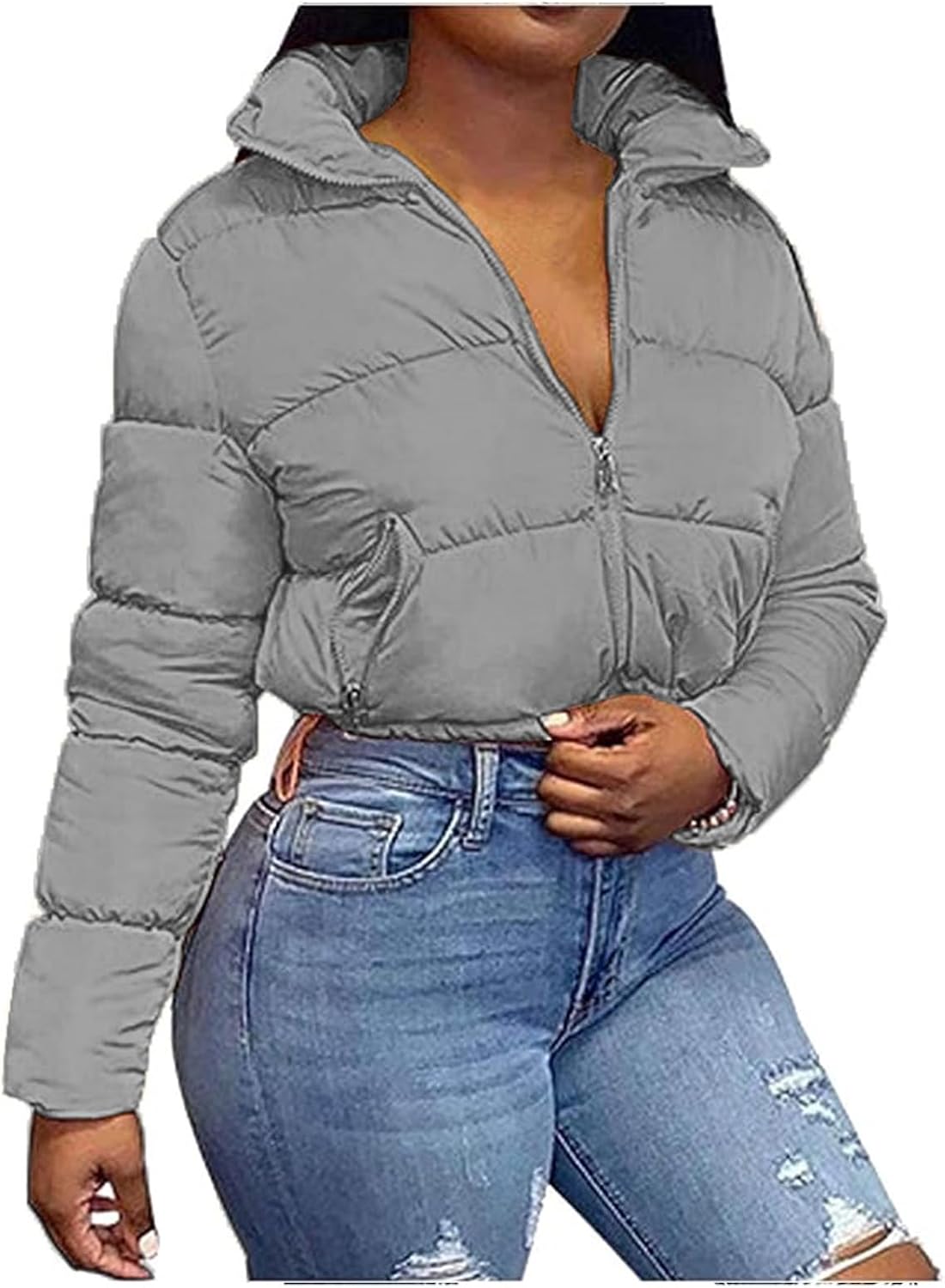 Cropped Puffer Jacket Women Winter Lightweight Quilted Jackets Full Zipper Warm Coats Thicken Casual Loose Outerwear