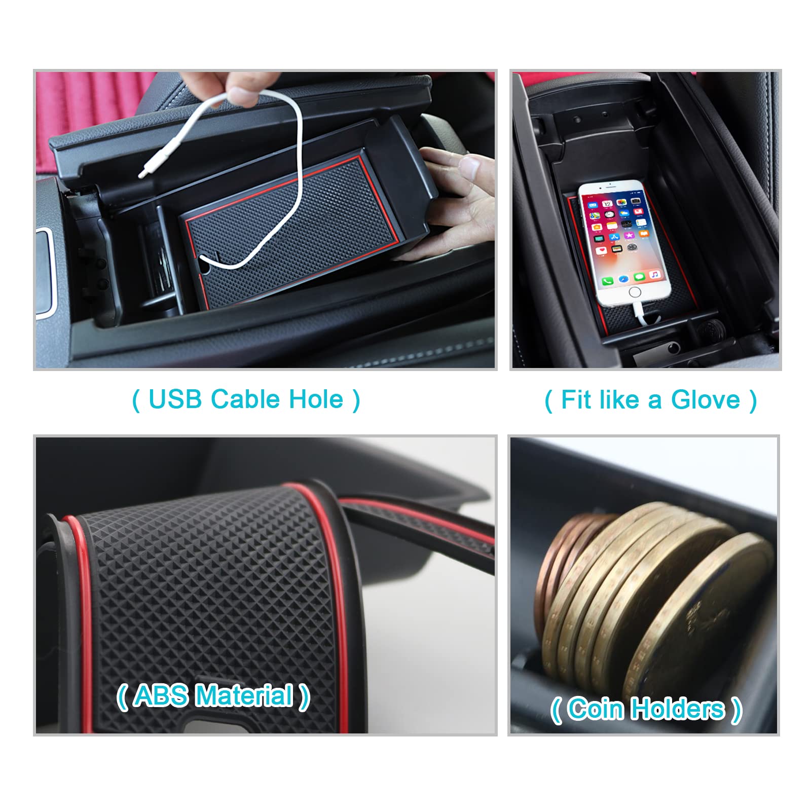 CDEFG Mercedes Clase A B W177 V177 W247 GLA H247 CLA C118 2019+ Caja de Almacenamiento Consola Central Apoyabrazos Interior Center Armrest Box, con Tapete Antideslizante Accesorios del Coche (Rojo)