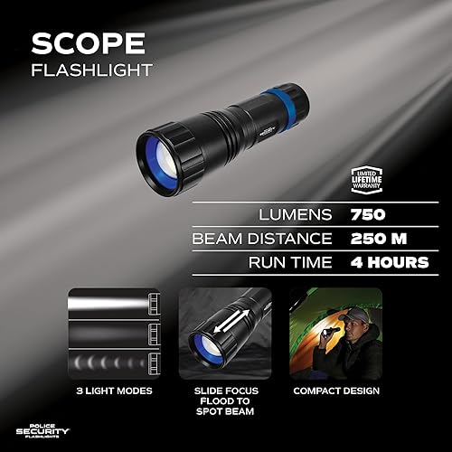 Miniatura 2 de Police Security Scope - Linterna ultra brillante de 750 lúmenes, compacta, resistente, 3 modos, enfoque deslizante, 4 pilas AAA, perfecta para