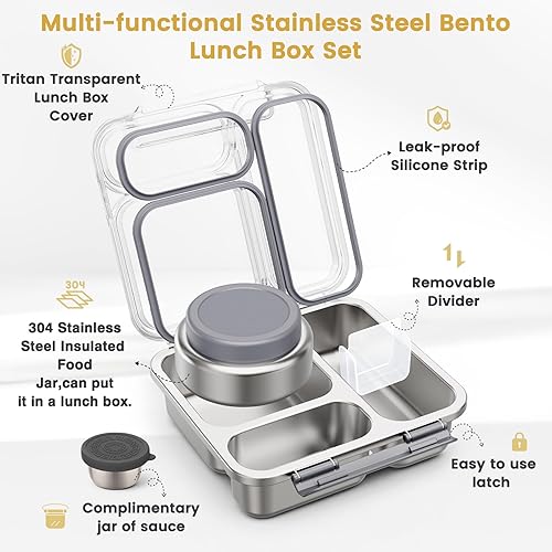 Miniatura 3 de Caja Bento de Acero Inoxidable para Niños y Adultos con Termo para Sopa de 7oz, Tapa Transparente, Caja de Almuerzo Metálica de 3 Compartimentos con