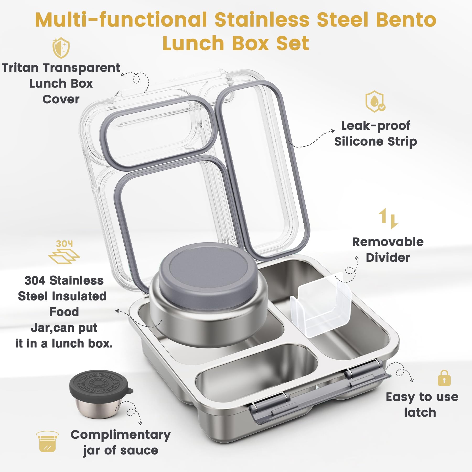 Itslife Bento Lunch Box Adulti Bambini in Acciaio Inox con 200ml Contenitore Termico per Alimenti, Porta Pranzo 3 Scomparti con Contenitore per Salse, per Lavoro Picnic Ufficio, senza BPA, Grigio
