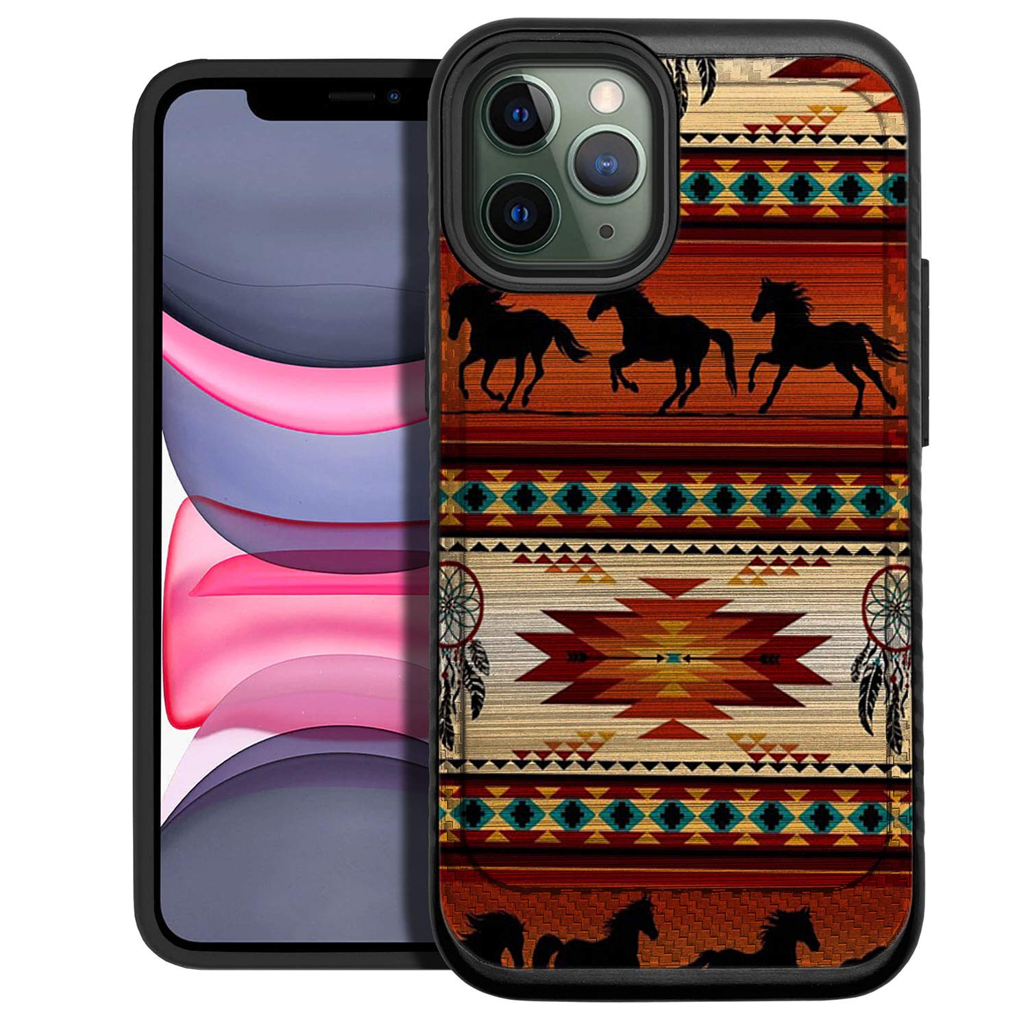 CasesOnDeck Fitted Case Compatible with [Apple iPhone 12 Mini (2020) / iPhone 12 Mini] [Brushed Armor] Black Dual Layer Case with Design (Western Horse Tribal)