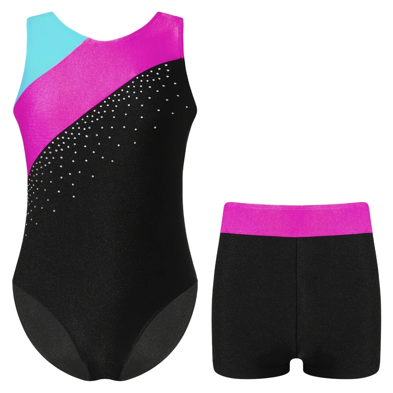 Gymnastikanzug Mädchen Ärmelloses Glitzer-Gymnastik-Trikot for Mädchen, Ballett-Tanz-Ganzanzug, Strass-Biketard, passende Shorts, Haargummis-Sets(Pink A,12)