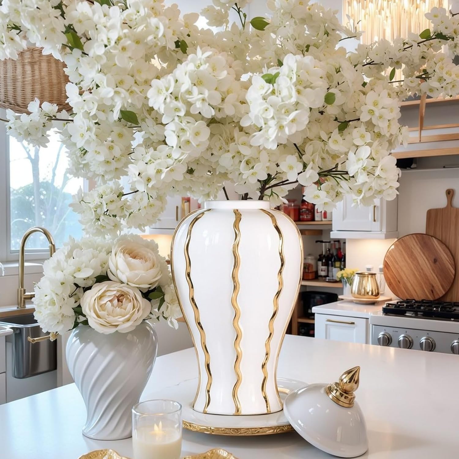 18.1" White and Gold Ceramic Ginger Jar Vase with Lid - Modern Luxury Ceramic Ginger Jar Decorative Vase for Home Decor, Living Room, Kitchen, Dining Table, Cabinet, Bookshelf Decor, Storage Jar