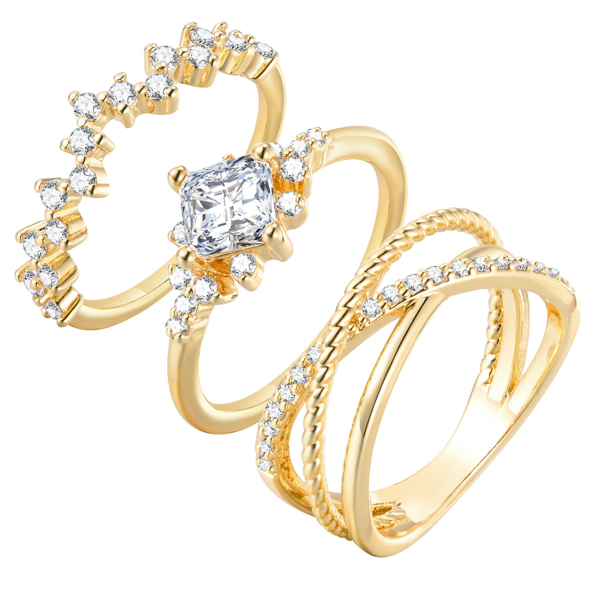 Stackable Gold Rings for Women - 14K Gold Plated Ring Set,Non Tarnish Stainless Steel Cubic Zirconia Friendship Band Anniv...