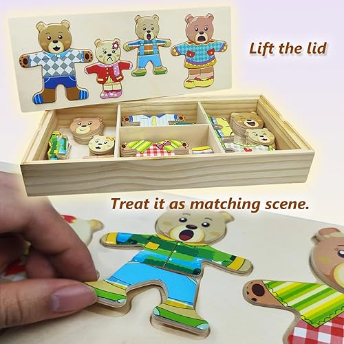 Miniatura 3 de Caja de rompecabezas de madera con oso de familia, juguetes de vestir, juego de rompecabezas de vestir (72 piezas), juegos de cambio de ropa,