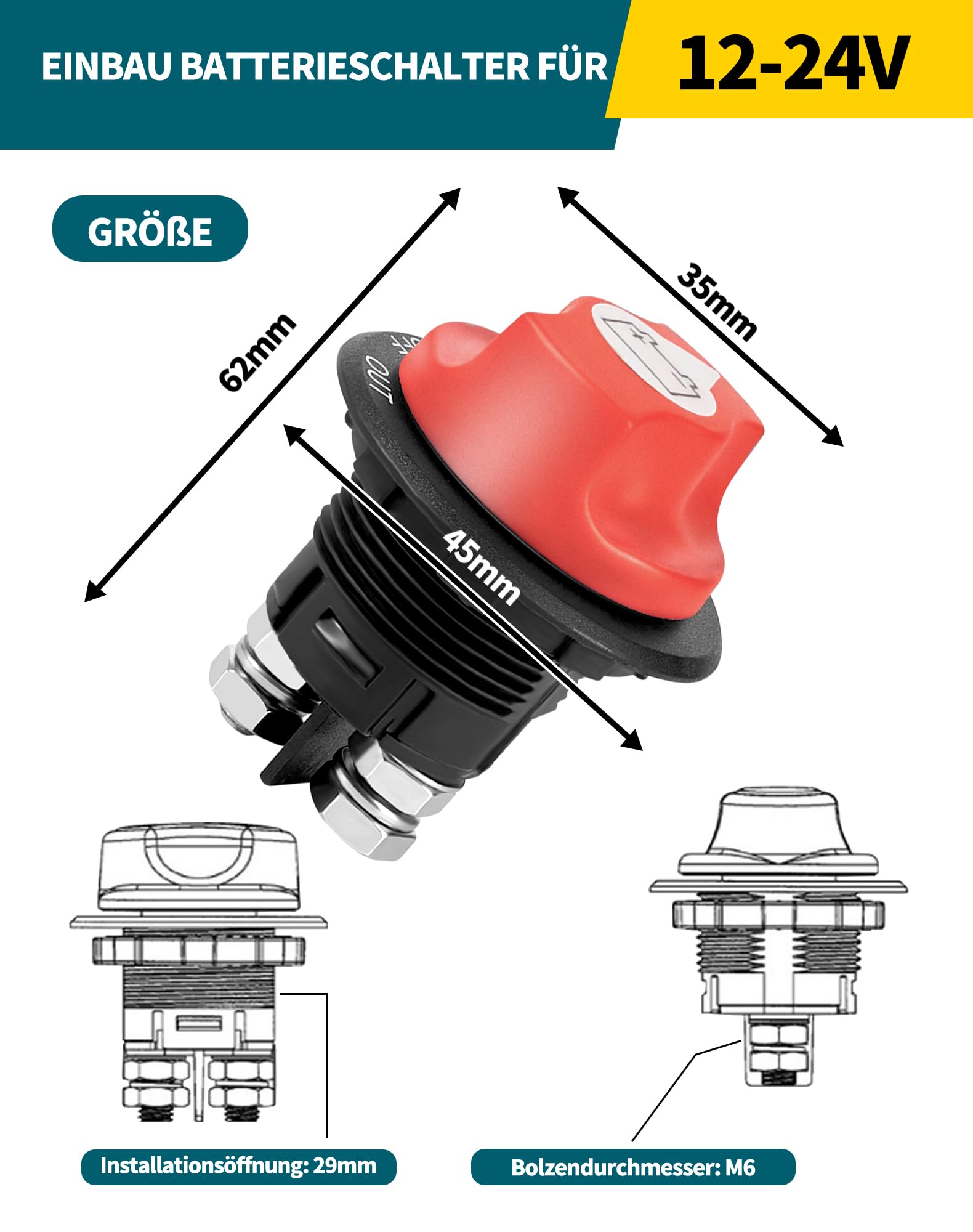 Wyłącznik akumulatora samochodowego 12 V – 24 V, 100 A, z wodoszczelną obudową, jako główny wyłącznik do montażu w samochodach, motocyklach, jednostkach pływających i ciężarówkach