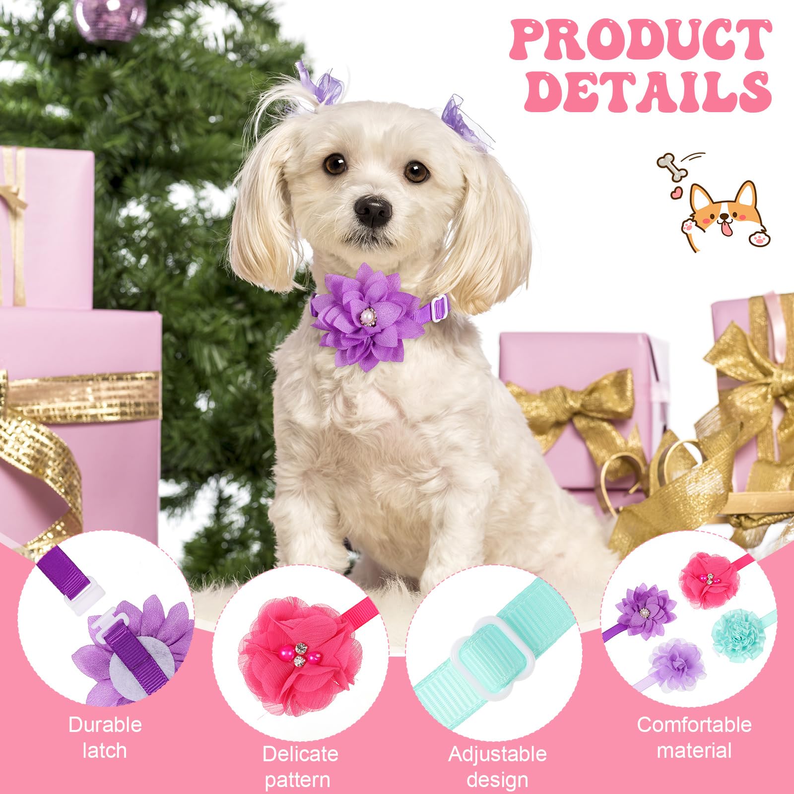 Reginary 100 collares de perro con flores a granel, collares para mascotas, collares florales para gatos, collares ajustables de nailon multicolor para mascotas pequeñas