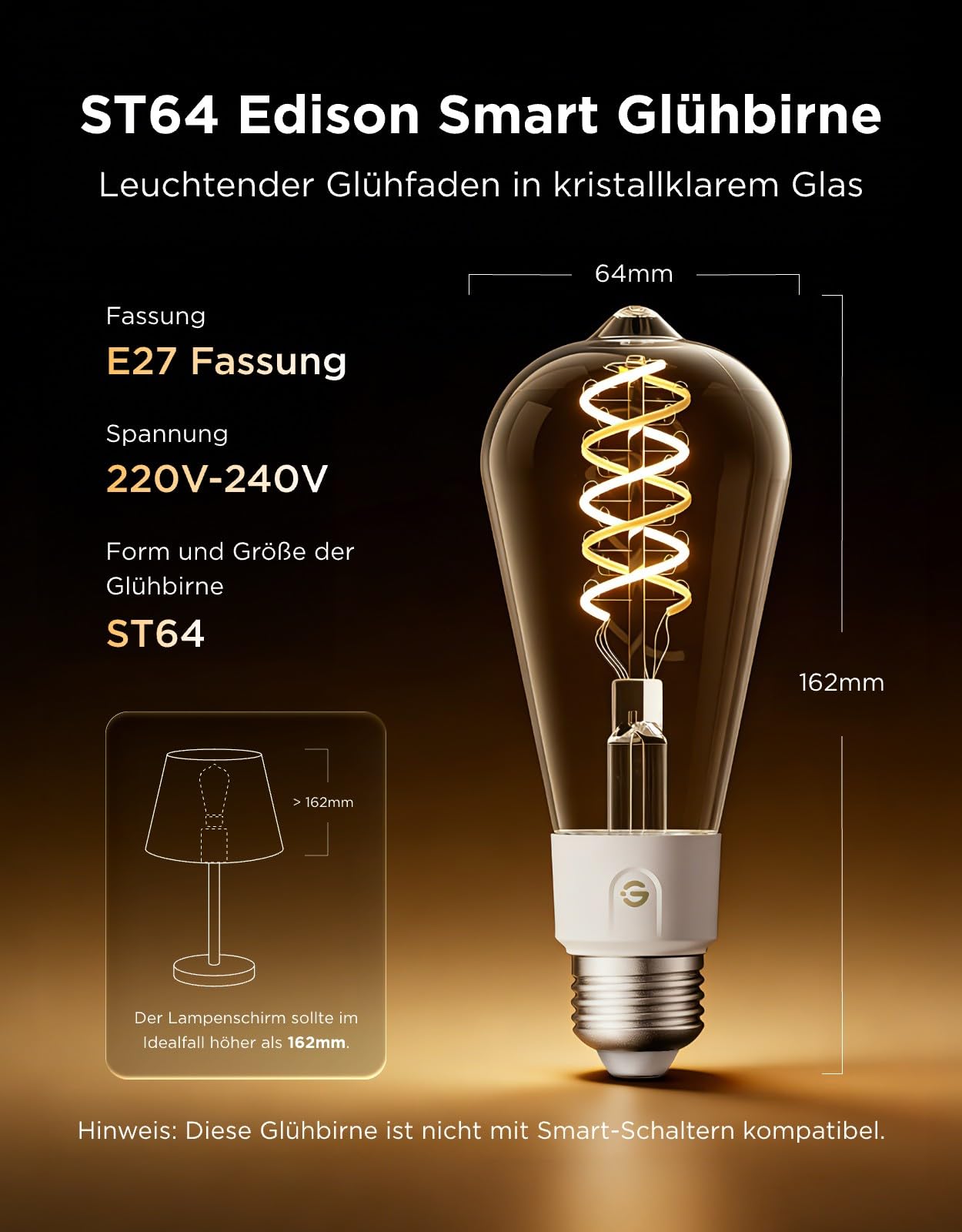 Govee Smart Edison Glühbirne E27 RGBWW LED Lampe ST64 Kompatibel mit Matter und Google Assistant 500lm COB Dimmbar 16 Mio. DIY-Farben Filament Bulbs Vintage-Deko 2 Stück