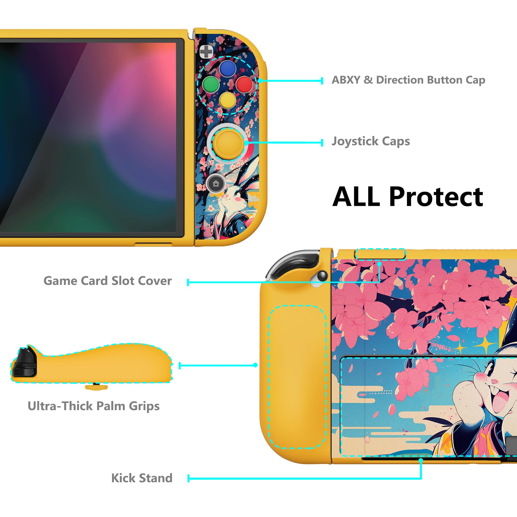 playvital Cover per Nintendo Switch OLED, Custodia Protettiva Copertura TPU Copri Analogici Accessori per Joycon Console, ZealProtect-Coniglietto Pop in Fiore