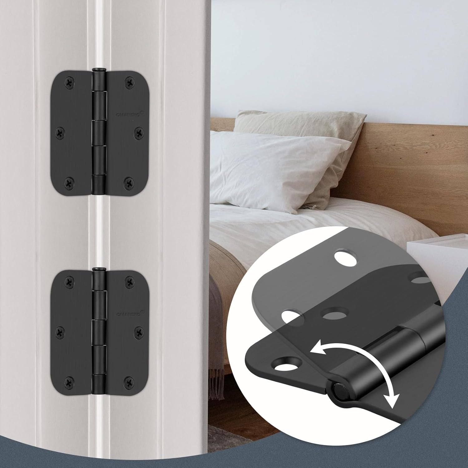 24 Pack Black Door Hinges, 3.5 x 3.5 Inch Black Hinges for Interior Doors 3 1/2 Inch Hinges for Residential Doors, 5/8'' Radius Corners