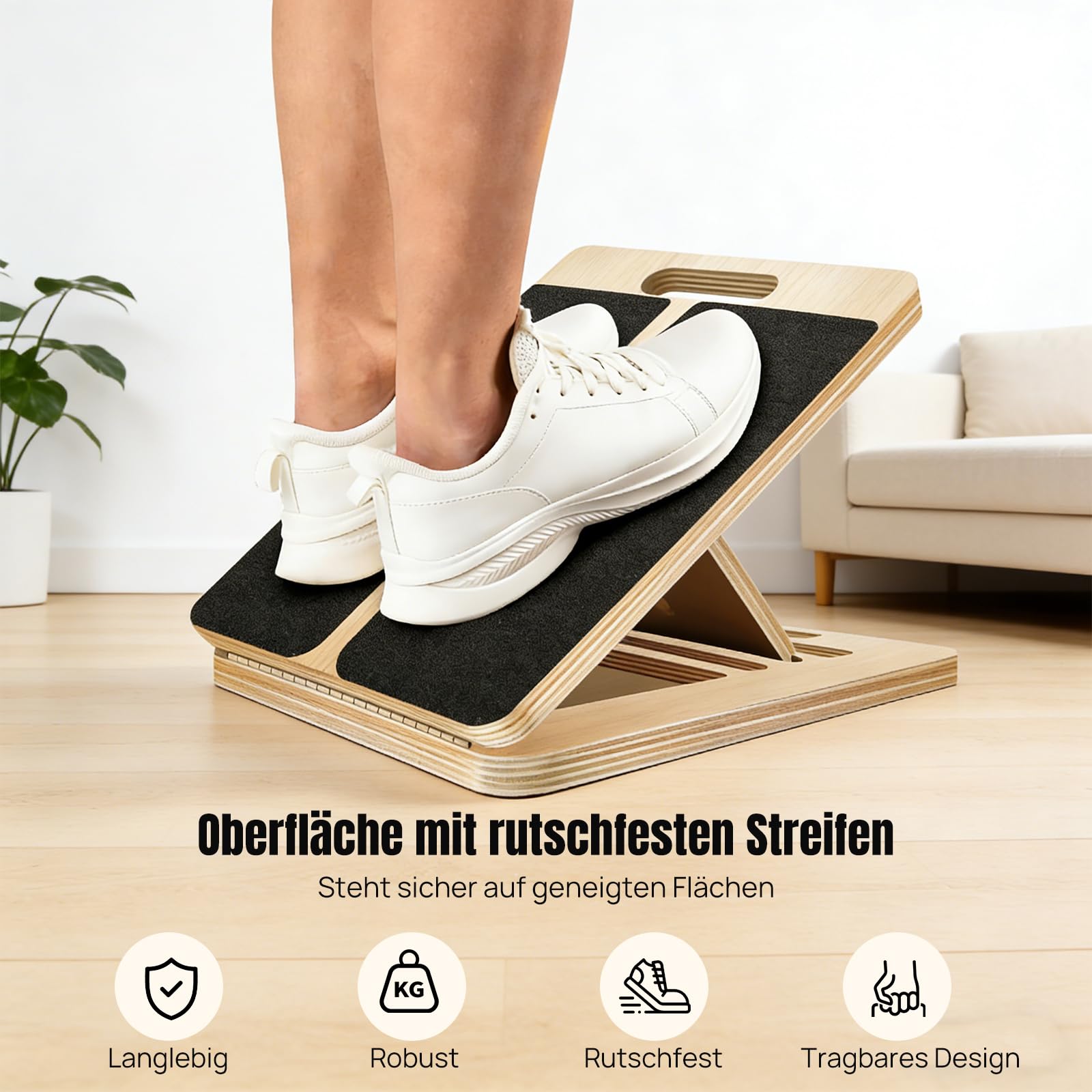 Leichtes & stabiles Schrägbrett aus Holz, Wadendehner mit 5 Neigungswinkeln (20–45°) & Tragegriff – rutschfestes Wadentrainer für Kniebeugen, Yoga & tägliche Dehnübungen (150 kg)