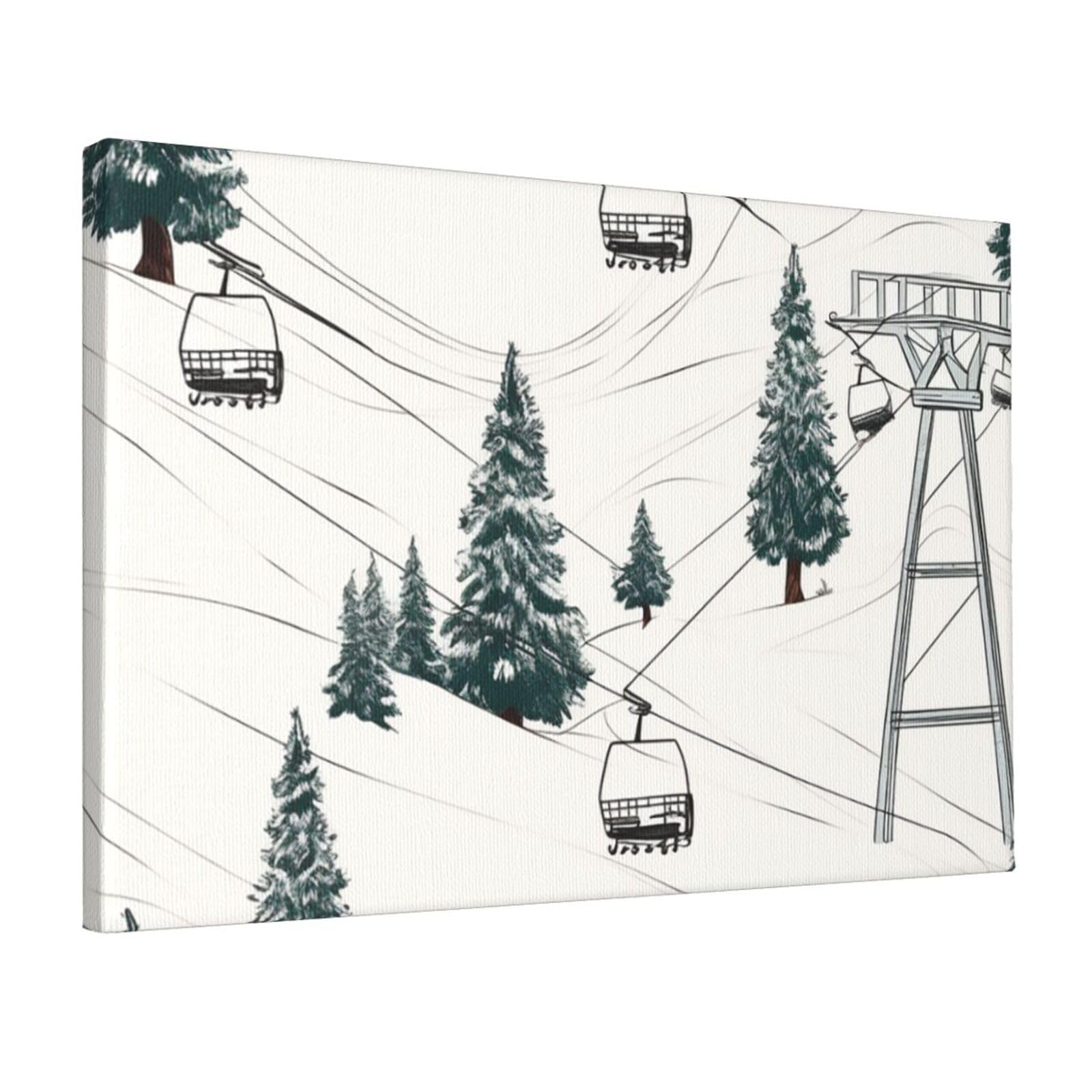 Fodpand Ski Lift With Fir Tree Unframed Canvas Wall Art,Modern Posters Print Wall Decor Canvas Oil Painting For Bedroom Living Room Bathroom Wall Hanging Artwork Ready To Hang 12"X18"
