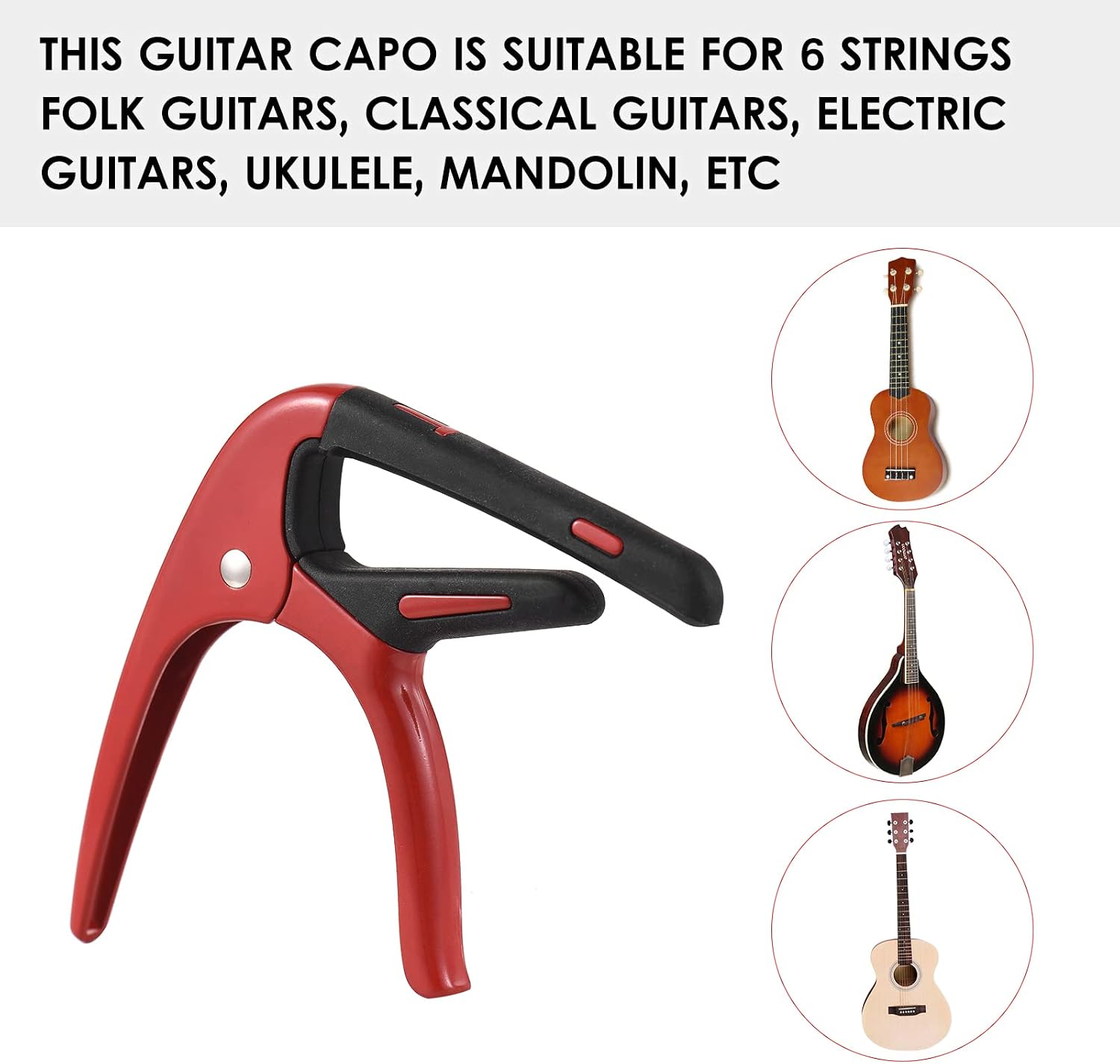 Guitar Tone, Acoustic Electric Guitar Capo Zinc Alloy with Soft Rubber Pads for 6 String Guitars Ukulele Mandolin (Red)