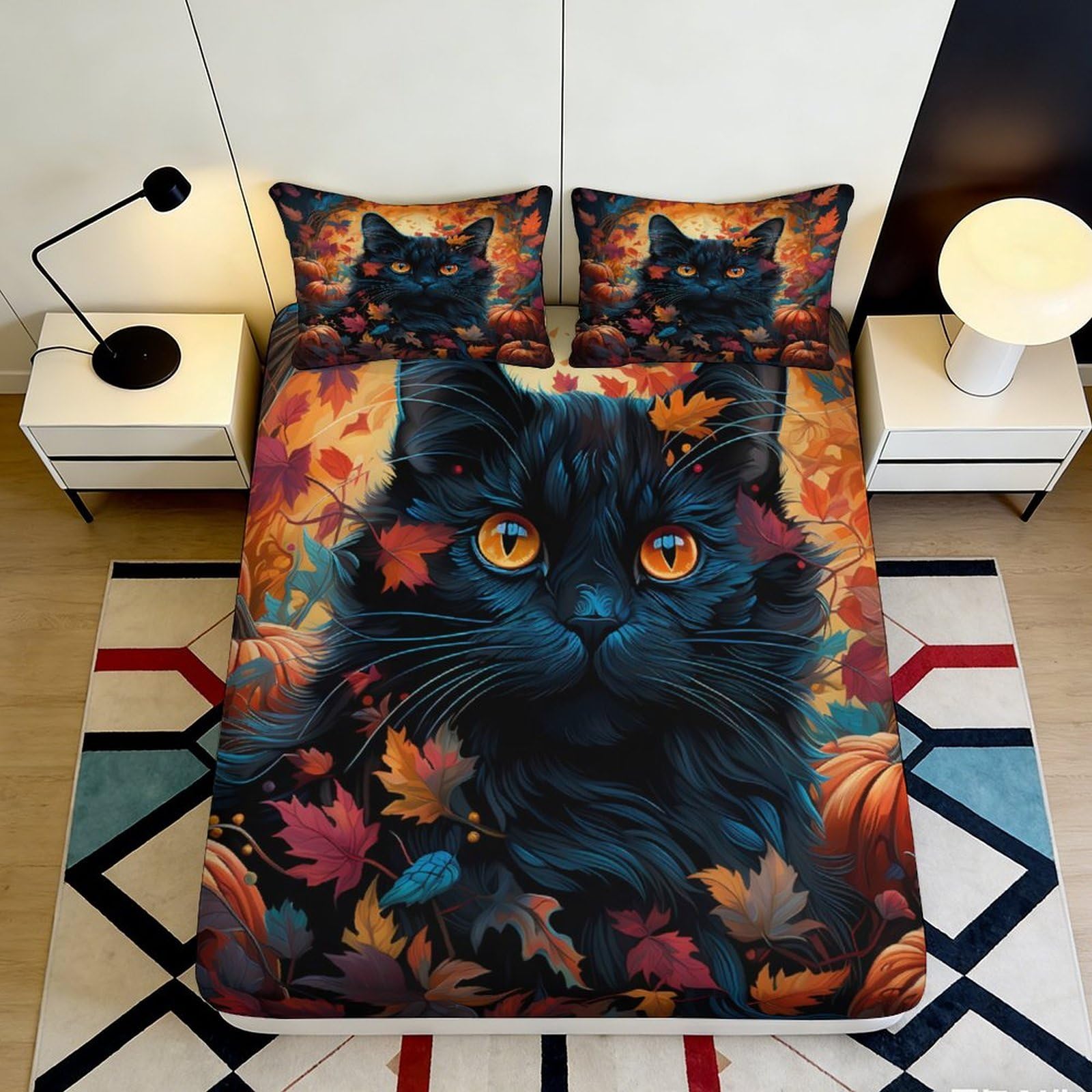 3D Printed Black Cat Autumn Leaves Fitted Sheet Microfiber Soft Bed Cover for Bedroom Teen Dorm Mattress Decor 90x200x25cm