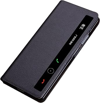 Genuine Leather Case for Huawei Mate XT, Luxury Business Lychee Pattern Magnetic Flip Cover Smart Viewing Window Phone Case,Black,Mate XT