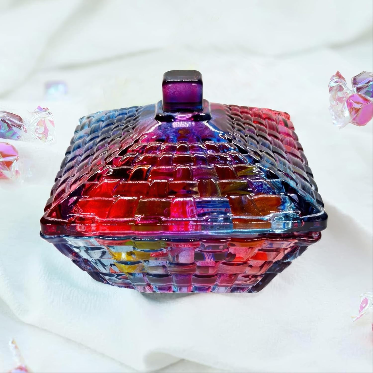 Small Purple Red Multicolor Glass Candy Dish with Non-airtight Lid,Vintage Candy Jar with Lid,Cute Covered Decorative Candy Dishes Bowl with Lids for Office Desk Table - Image 5