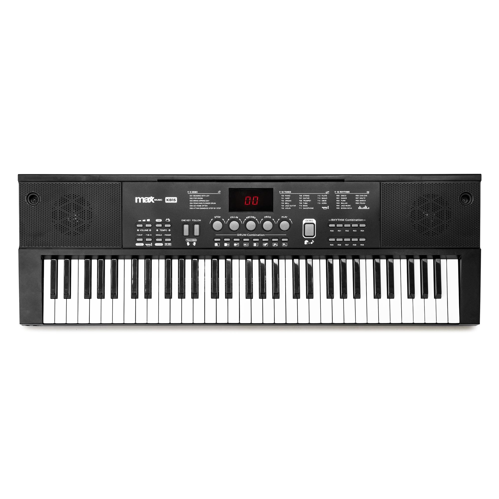 MAX KB15 - Keyboard Piano mit 61 Tasten, E Piano mit Mikrofon und Lautsprecher, LCD Display, 6 Demosongs, Klavier Keyboard für Anfänger, Lern-Funktion, 26 Klangarten, 8 Percussion, USB-C