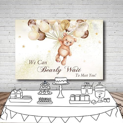 Miniatura 3 de MEHOFOND Telón de fondo para baby shower con texto en inglés "We Can Bearly Wait to Meet You", globos marrones con purpurina dorada, fondo de