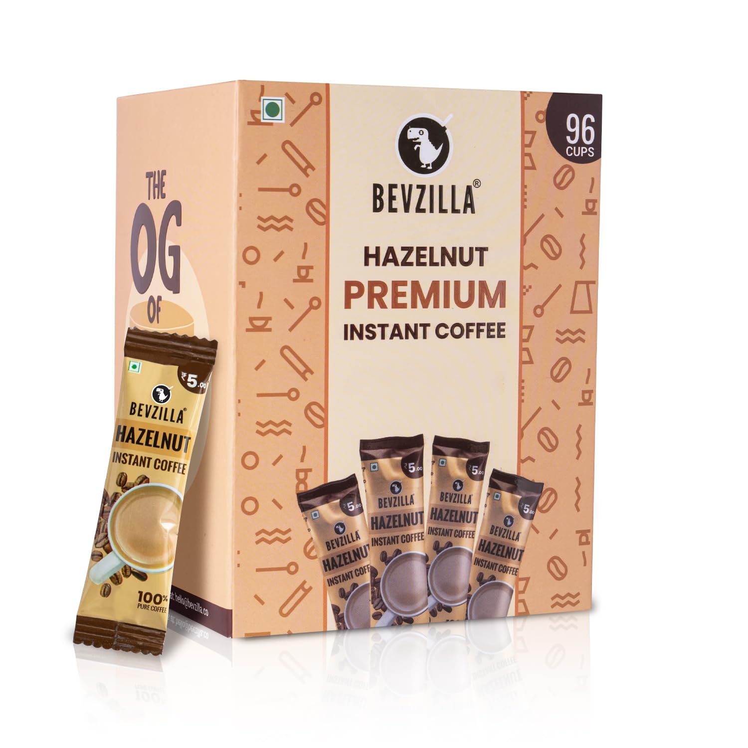 Bevzilla 96 Instant Coffee Powder Sachets (Hazelnut) -192 Grams |Arabica Coffee| Easy To Carry|Best For Espresso, Latte, Cappuccino| Enjoy Hot & Cold