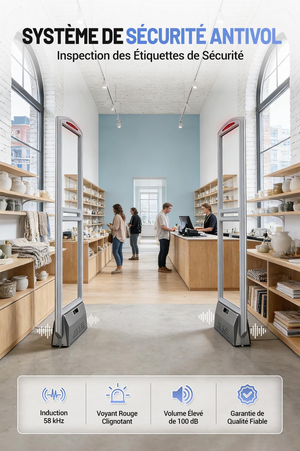 Portique Antivol AM 58kHz, Système Antivol Magasin avec Détection Haute Sensibilité et Alarme Sonore et Lumineuse, Gris, Kit avec 100 Étiquettes de Sécurité