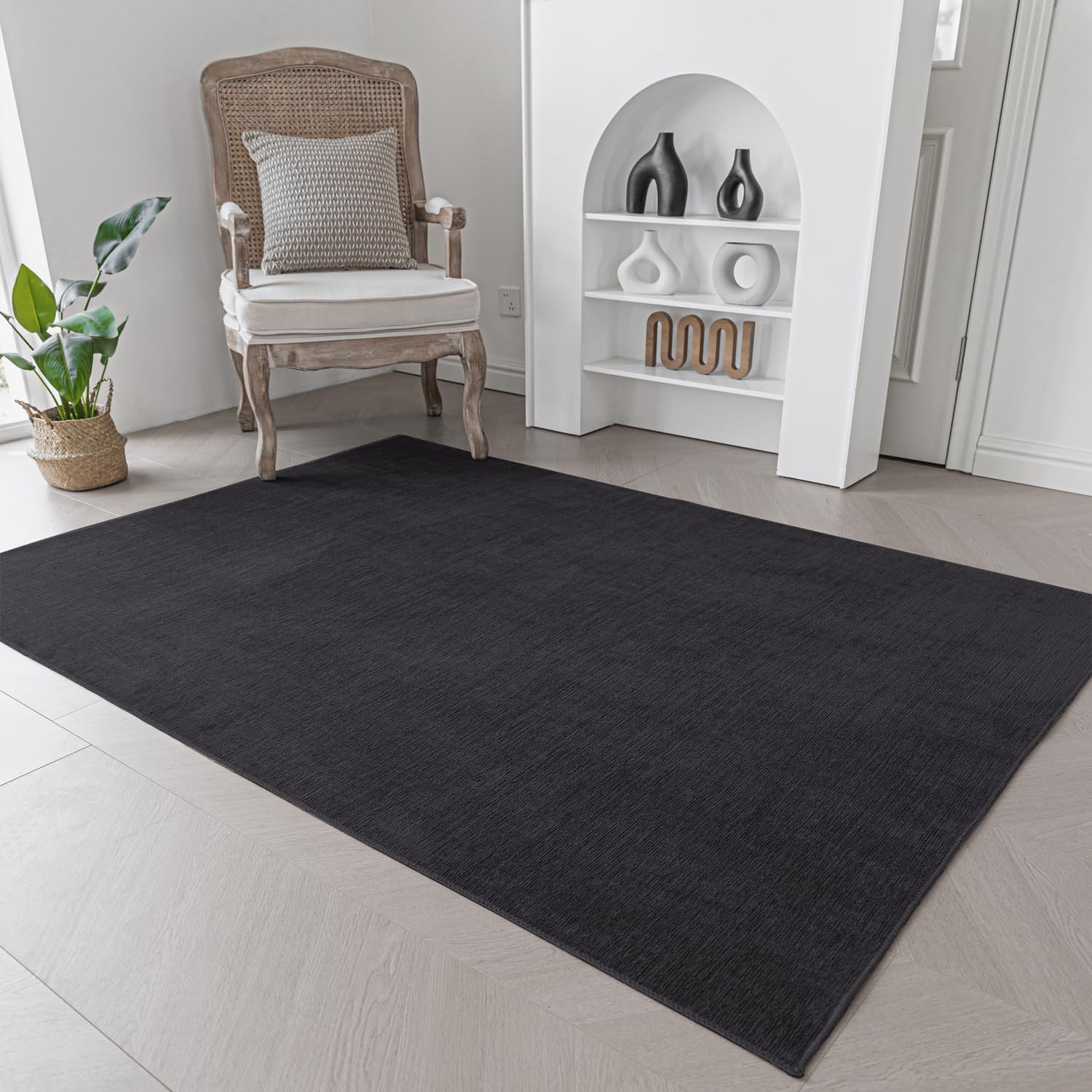 Evitany Black Washable Low Pile Rug, Non-Slip Thin Modern Area Rugs for Living Room Short Pile Dining Room, Kitchen