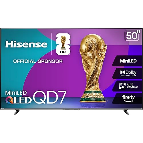 Hisense 50" Class QD7 Series Mini-LED 4K UHD Smart Fire TV (50QD7QF, 2025 Model) - QLED, HDR10+, Dolby Vision, Dolby Atmos, Game Mode Plus, ALLM, Alexa Built in with Voice Remote, Streaming TV, Black