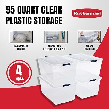 Rubbermaid Cleverstore 95 Quart Clear Stackable Large Plastic Storage Containers with Lids for Office and Home Organization & Roughneck Storage Totes